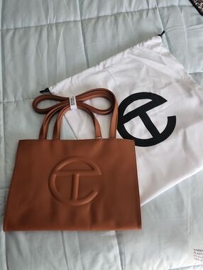 Tan Leather TELFAR Tote Bag with Embossed Logo - Women